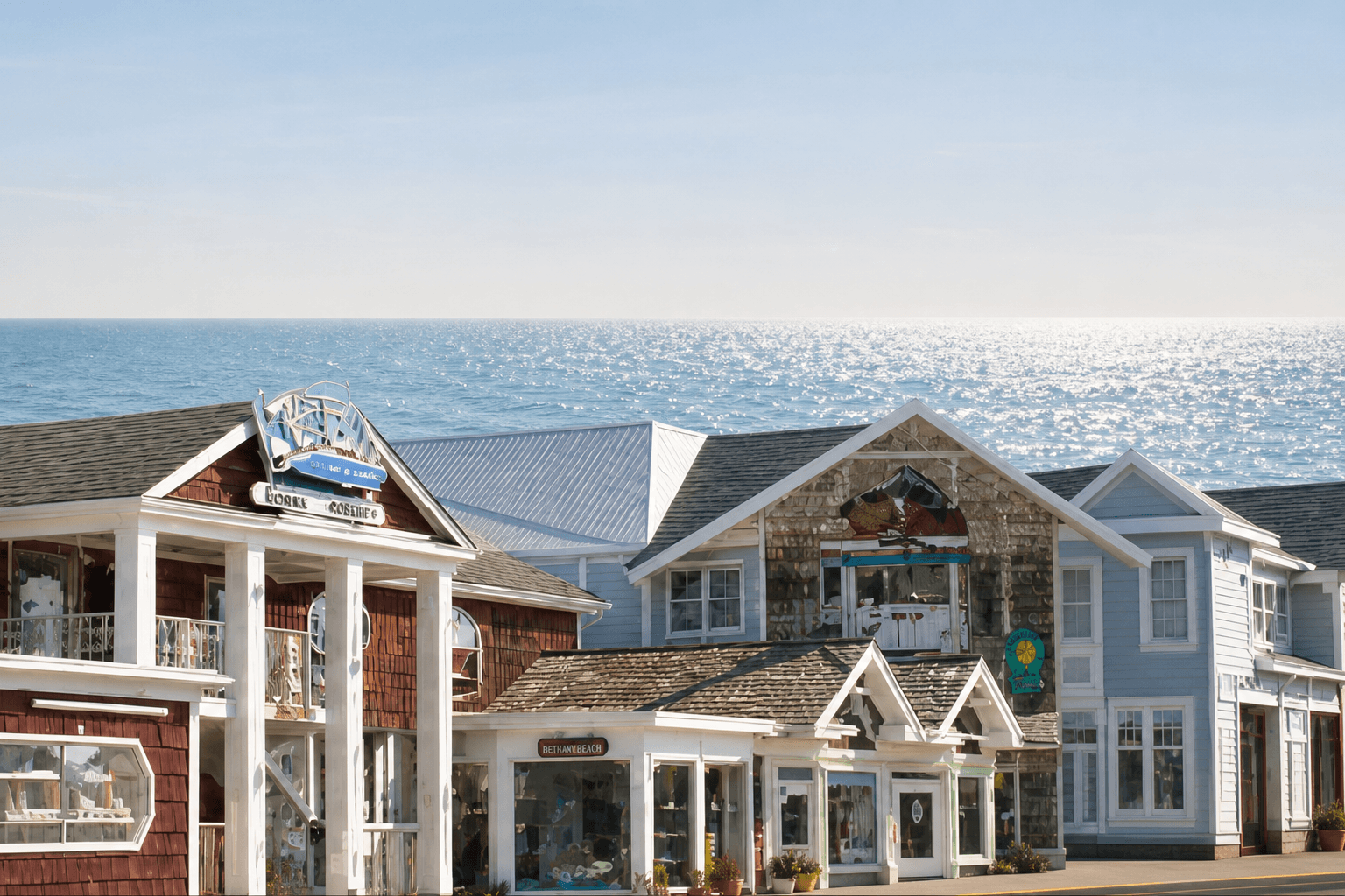 Bethany Beach storefronts with the Atlantic beach behind them