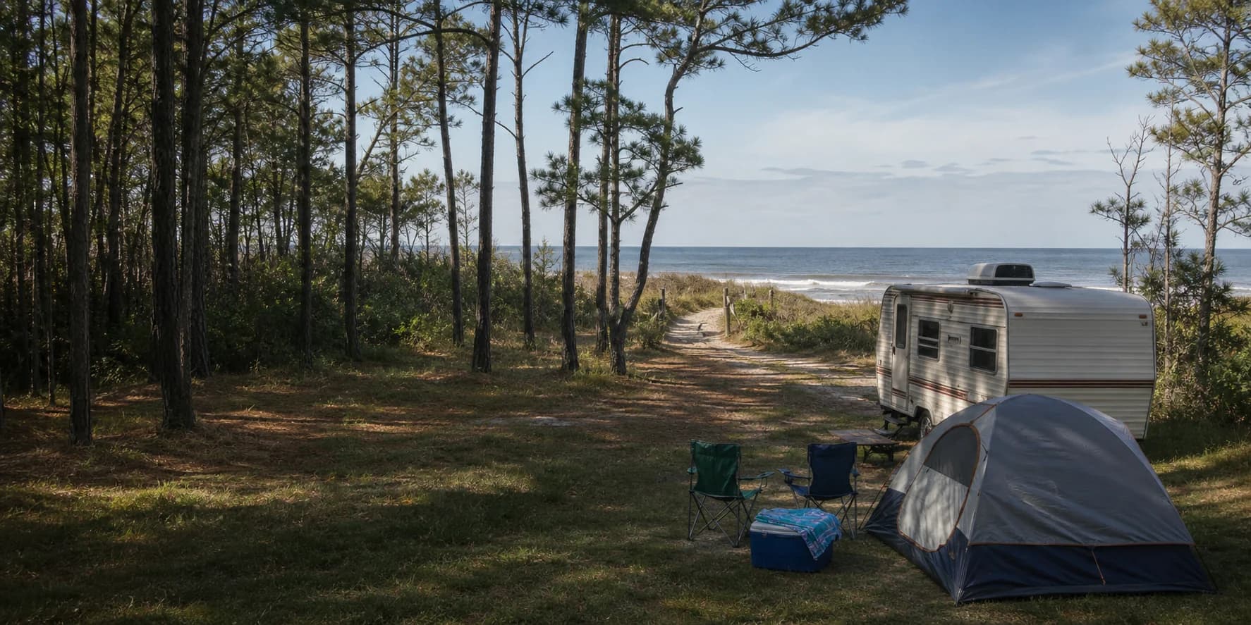 A tent and small travel trailer at a wooded coastal campground behind the dunes
