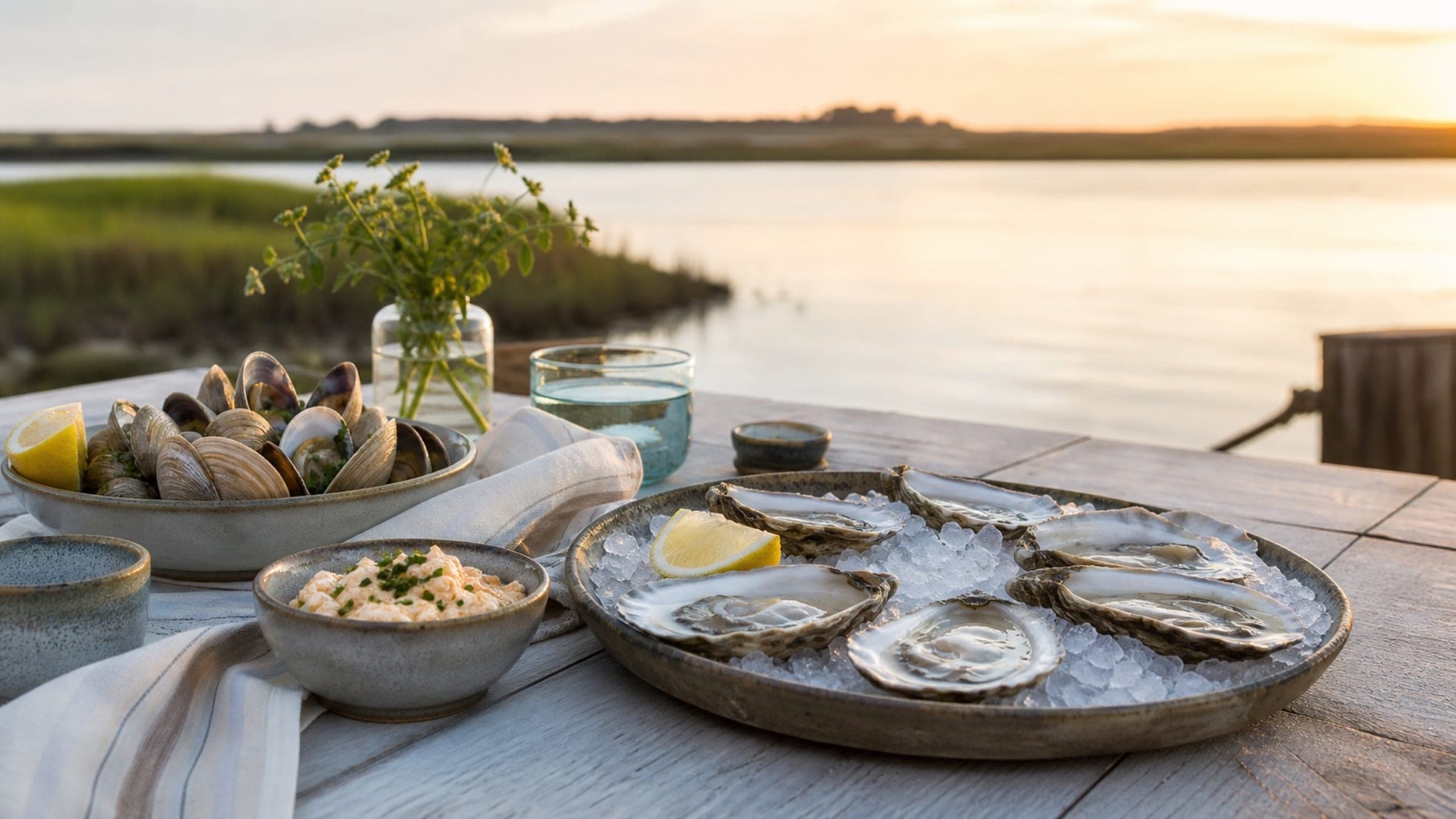 Eastern Shore oysters and steamed clams served beside a quiet salt marsh