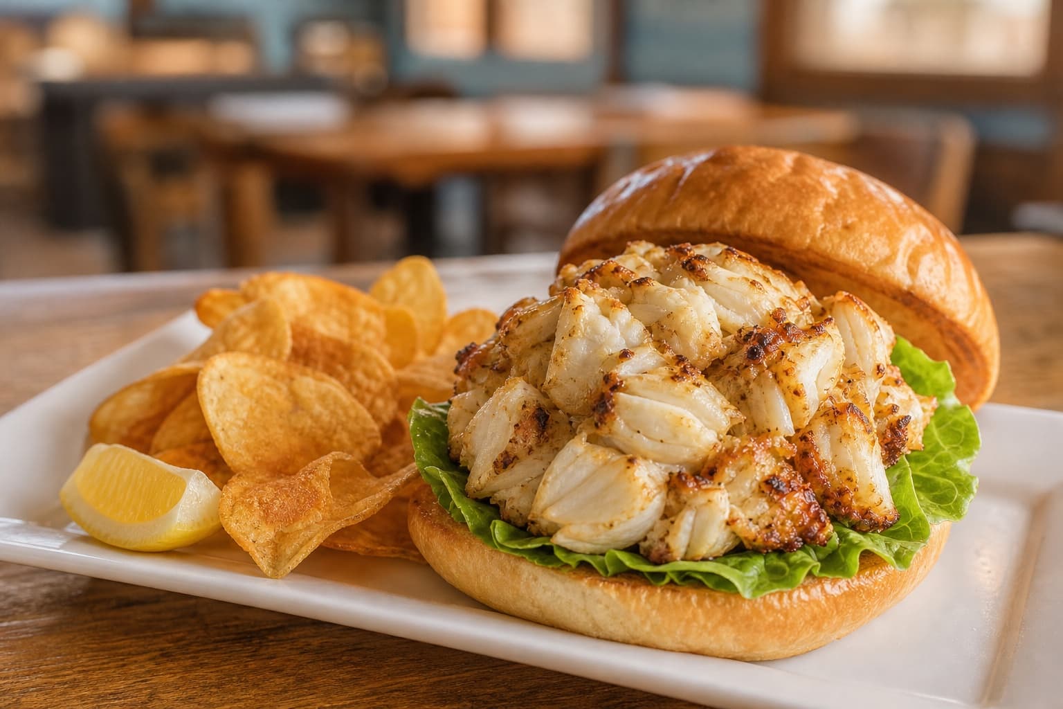 A generous Woody’s-style lump crab cake sandwich with potato chips