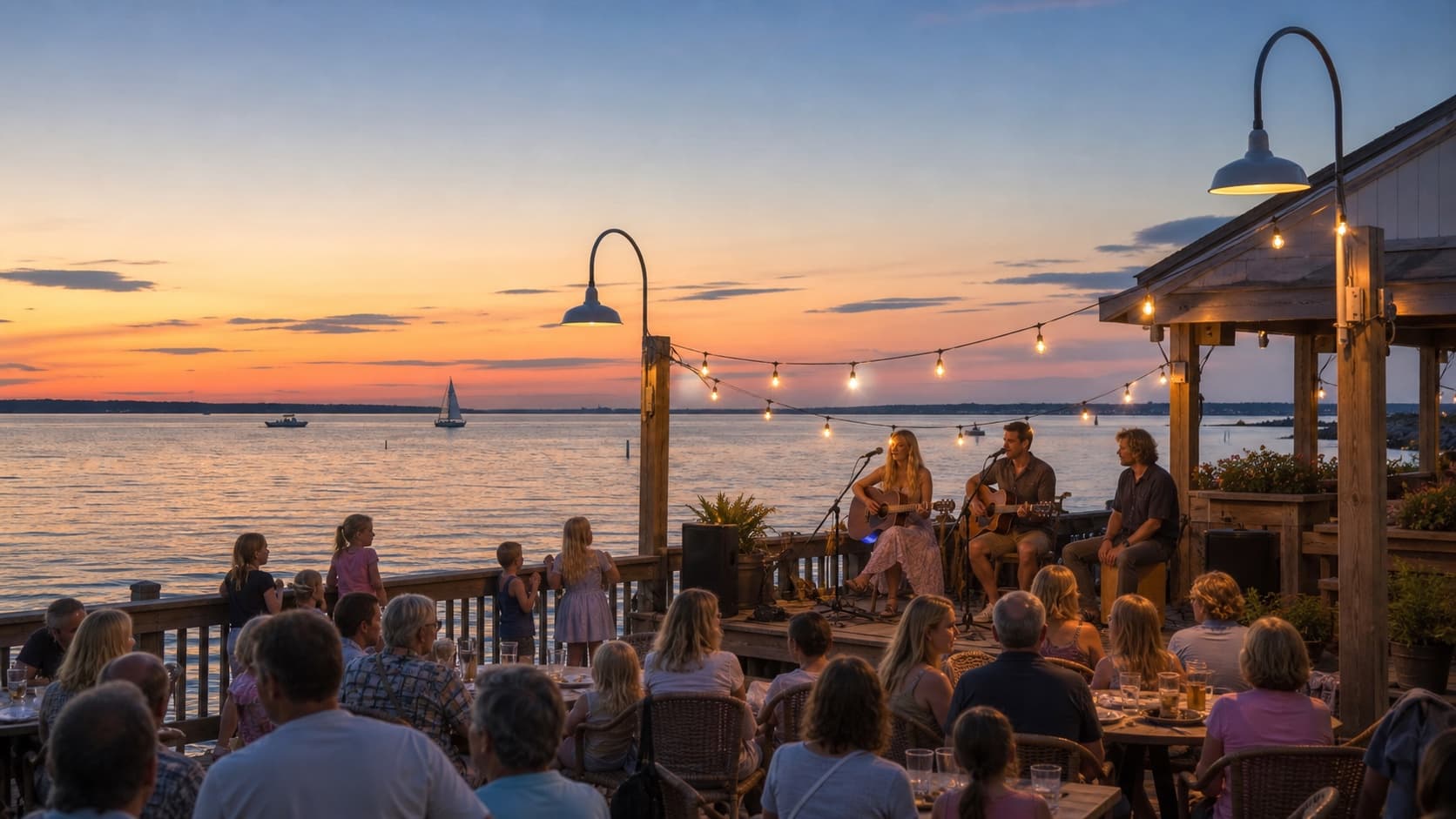An acoustic trio performing for families beside Rehoboth Bay at sunset in Dewey Beach