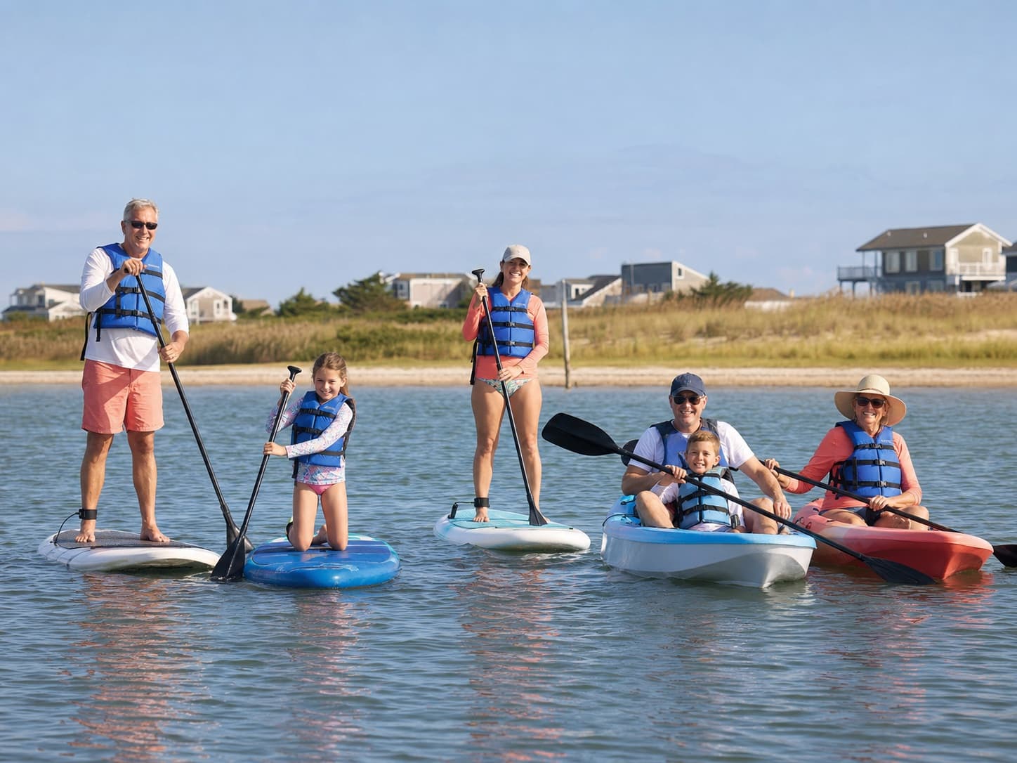A multigenerational family paddleboarding and kayaking together on Rehoboth Bay