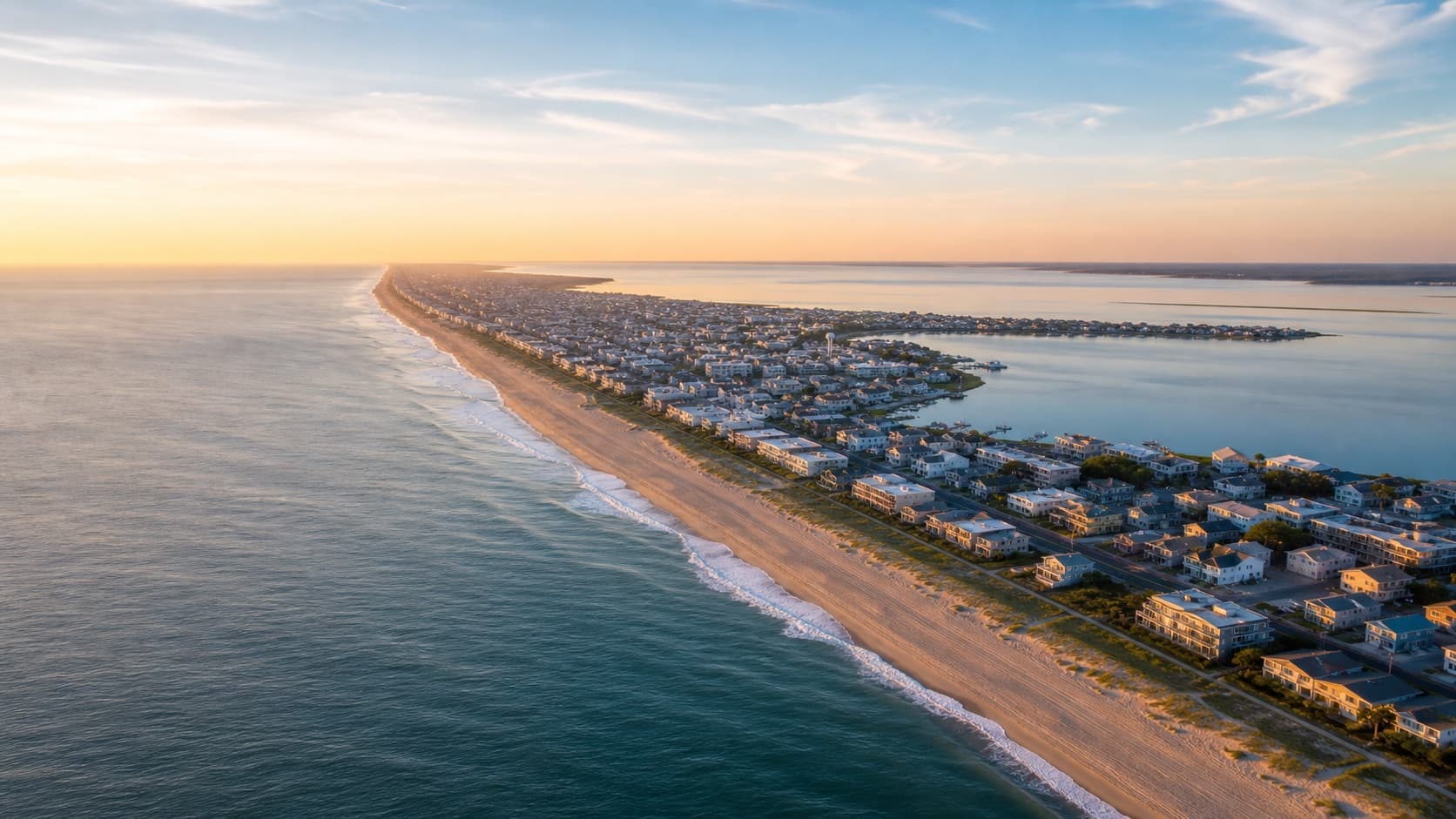 Dewey Beach stretching between the Atlantic Ocean and Rehoboth Bay at sunrise