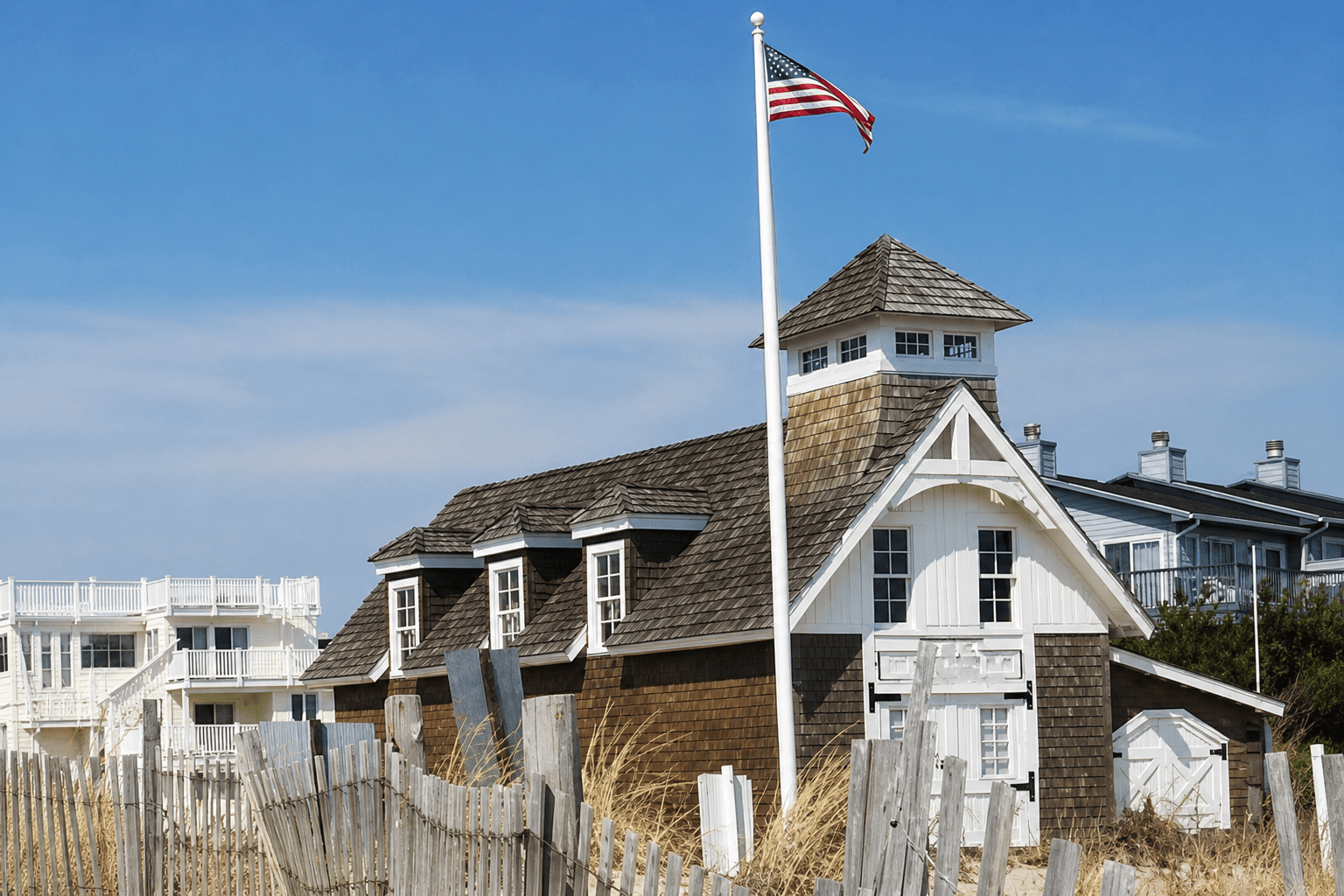 Restored view of Dewey Beach’s historic shingled lifesaving station behind the dunes