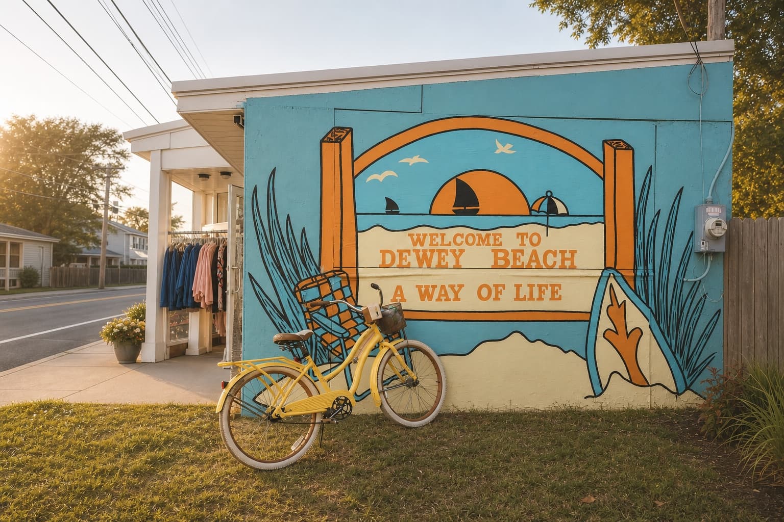 The colorful Surf Shanty mural shop and yellow bicycle in Dewey Beach