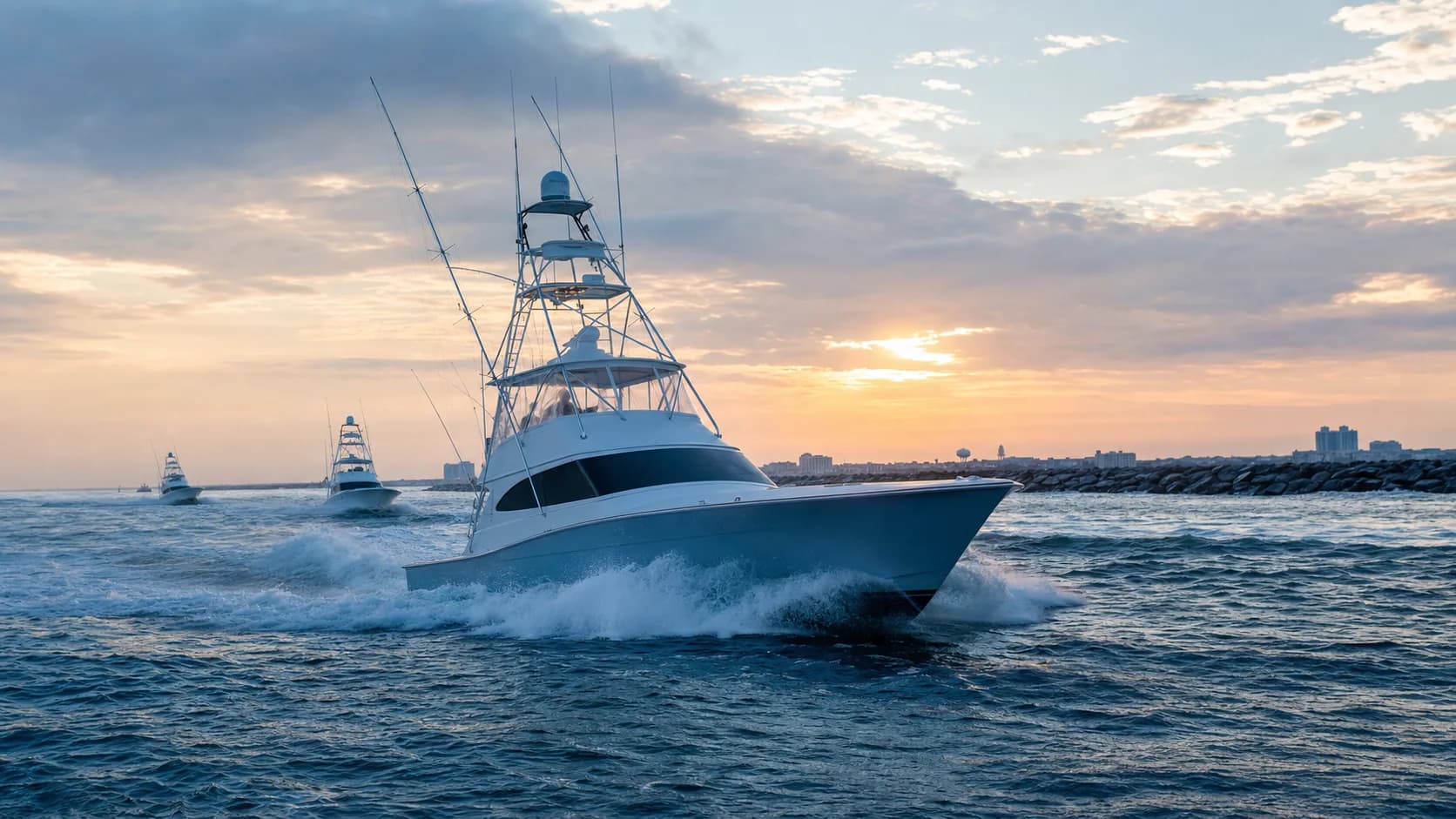 White Marlin Open tournament boats leaving Ocean City Inlet at dawn