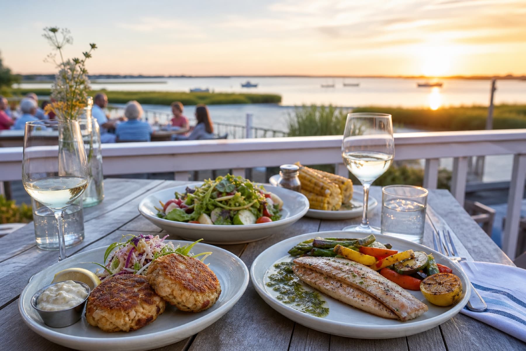 A sunset bayside table set with local seafood and coastal dishes