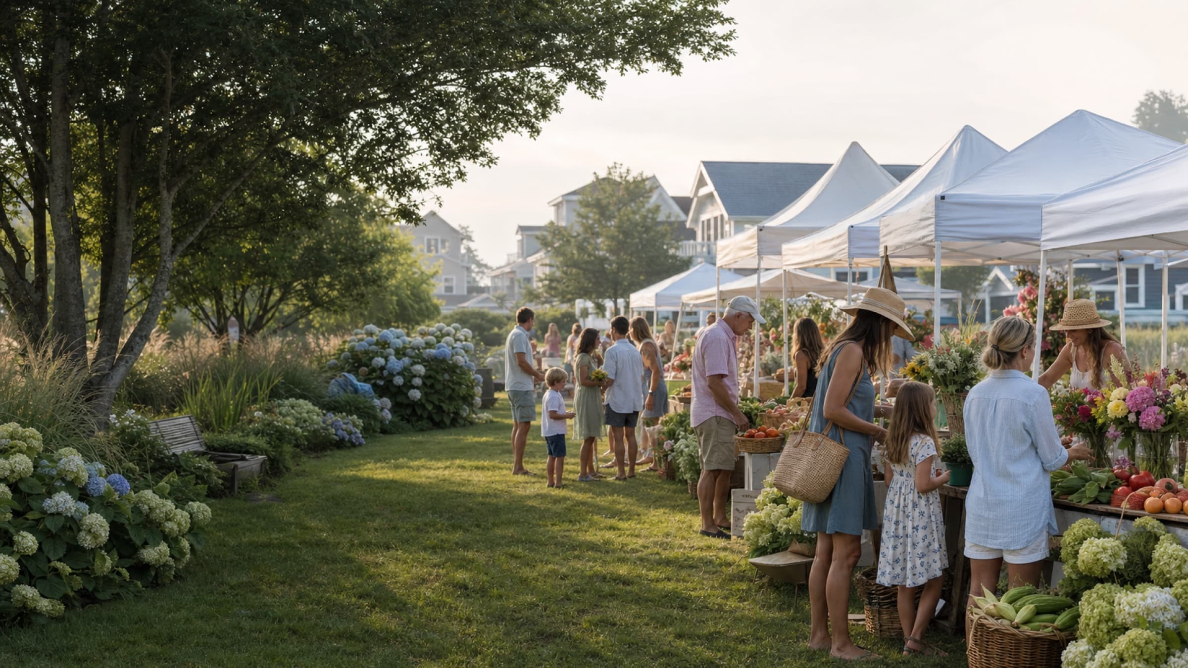 Families browsing a flower-filled Fenwick Island farmers market near the coast