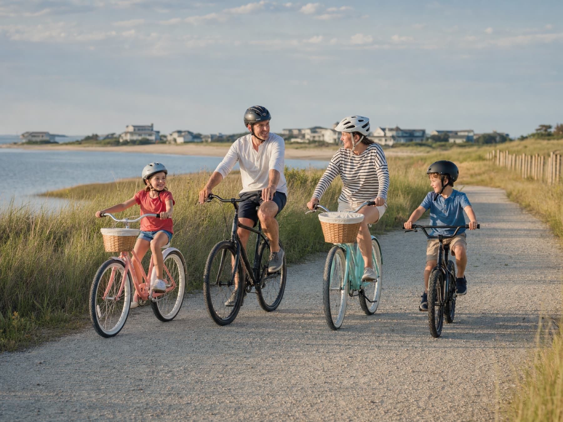 A family bicycling together beside Fenwick Island’s calm bay waters