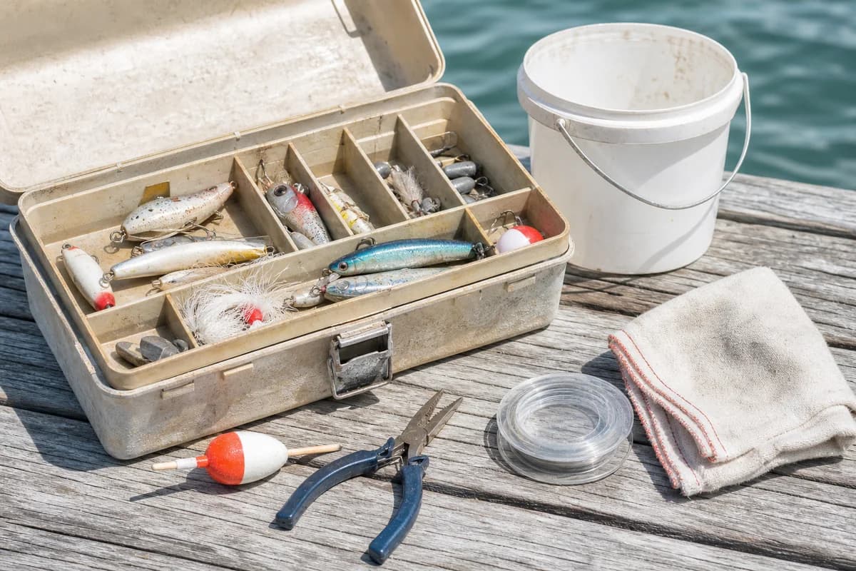 Saltwater fishing tackle and supplies arranged on a dock