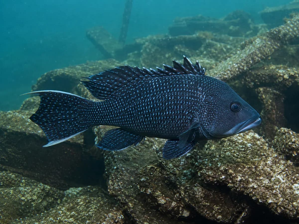 Black sea bass swimming over a shell-covered offshore reef