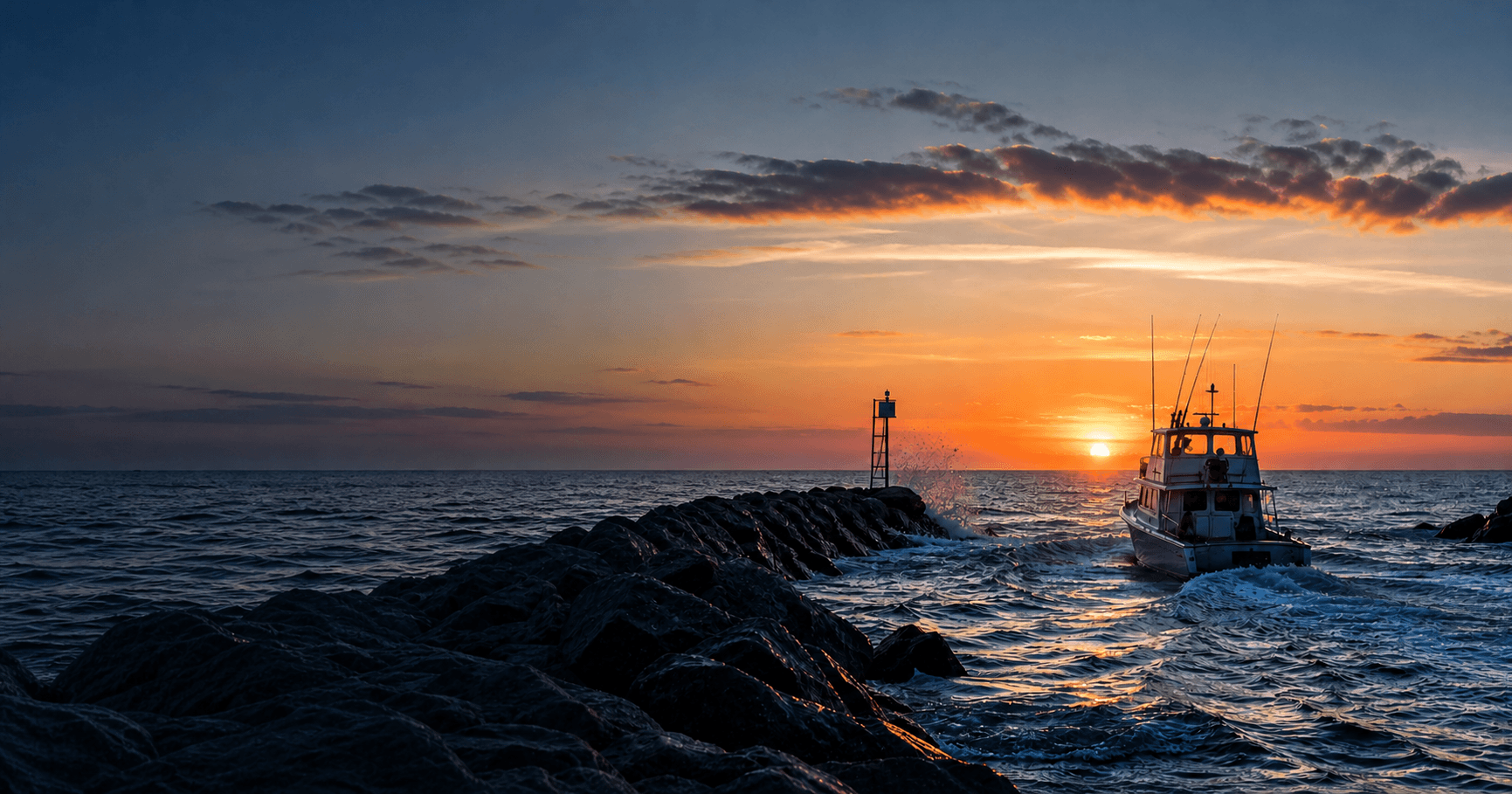 Charter fishing boat leaving a rocky Delmarva inlet at sunrise
