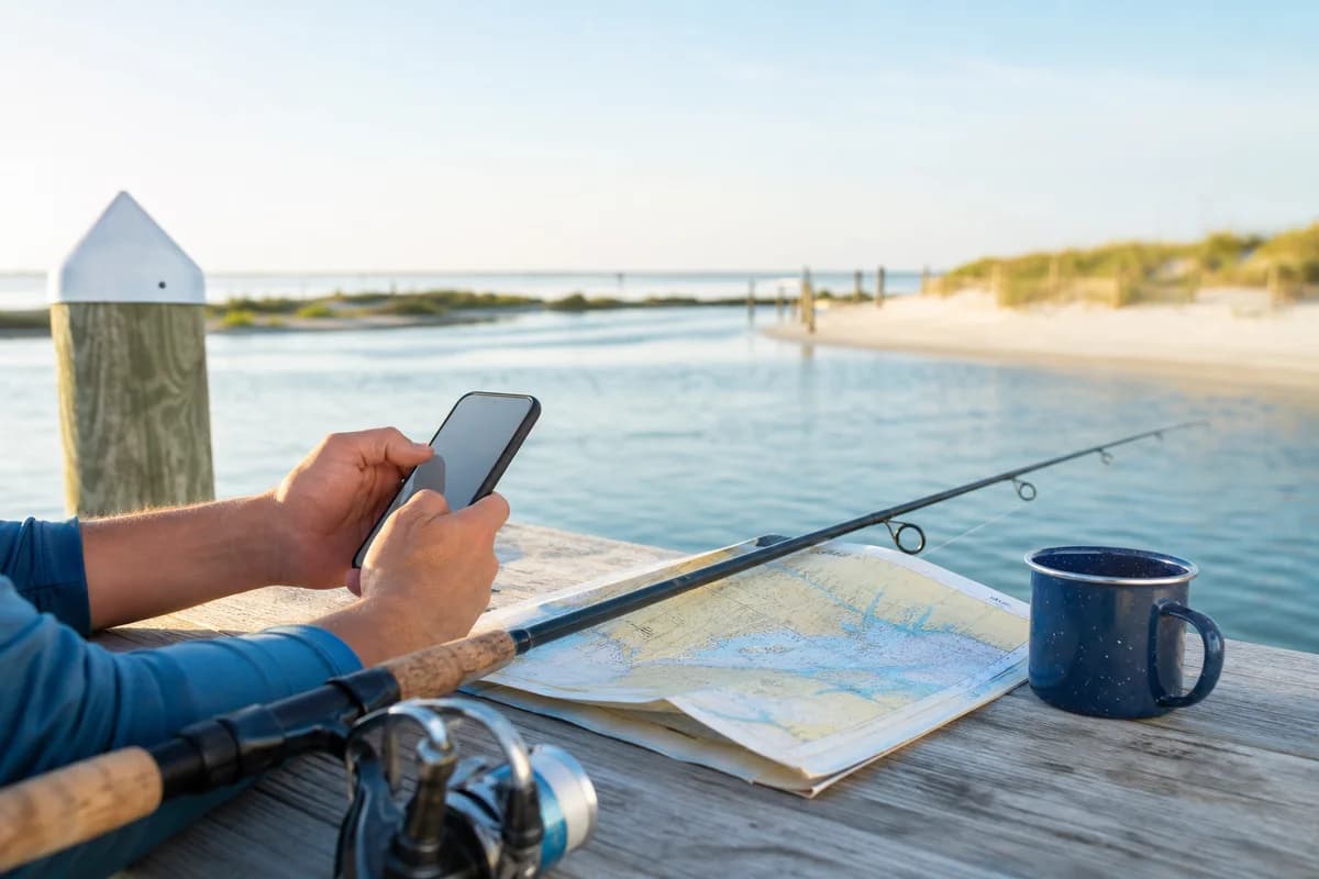 Angler checking fishing conditions beside a rod and chart at a coastal inlet