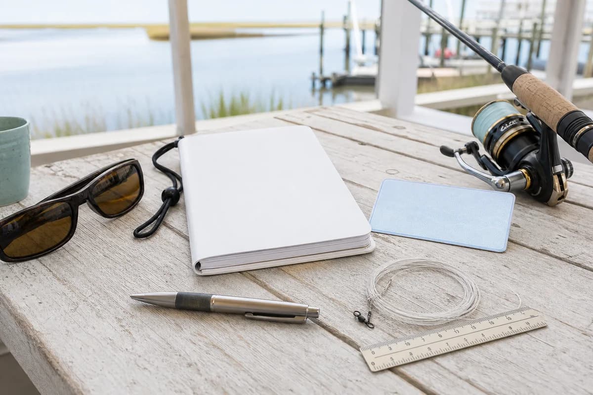 Fishing trip planning materials on a table overlooking the bay