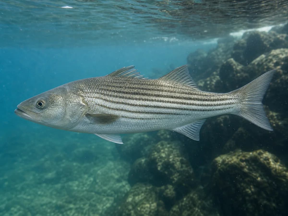 Striped bass swimming through blue-green coastal inlet water