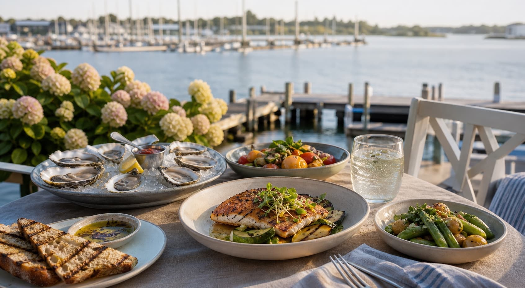 An elegant coastal table set with oysters, grilled fish and seasonal produce