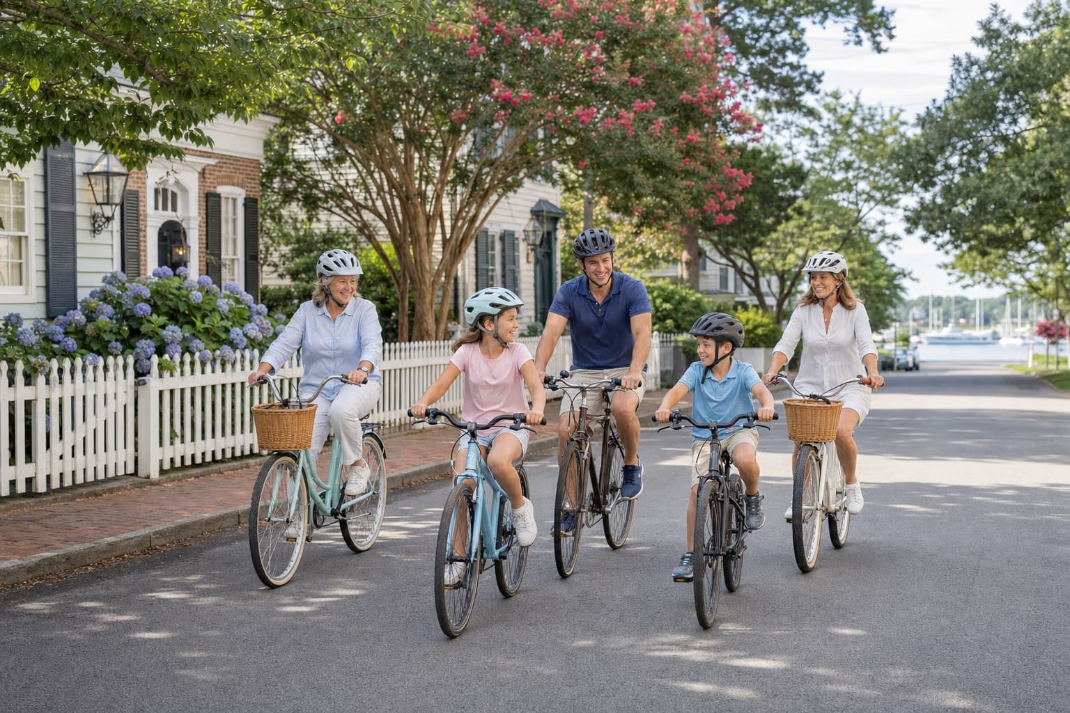 A multigenerational family cycling past historic homes and flowers in Lewes