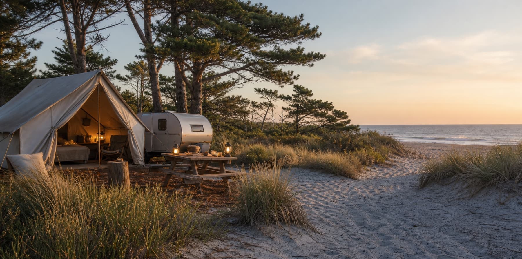 Delmarva-inspired beachside campground with a canvas tent and small camper at sunset