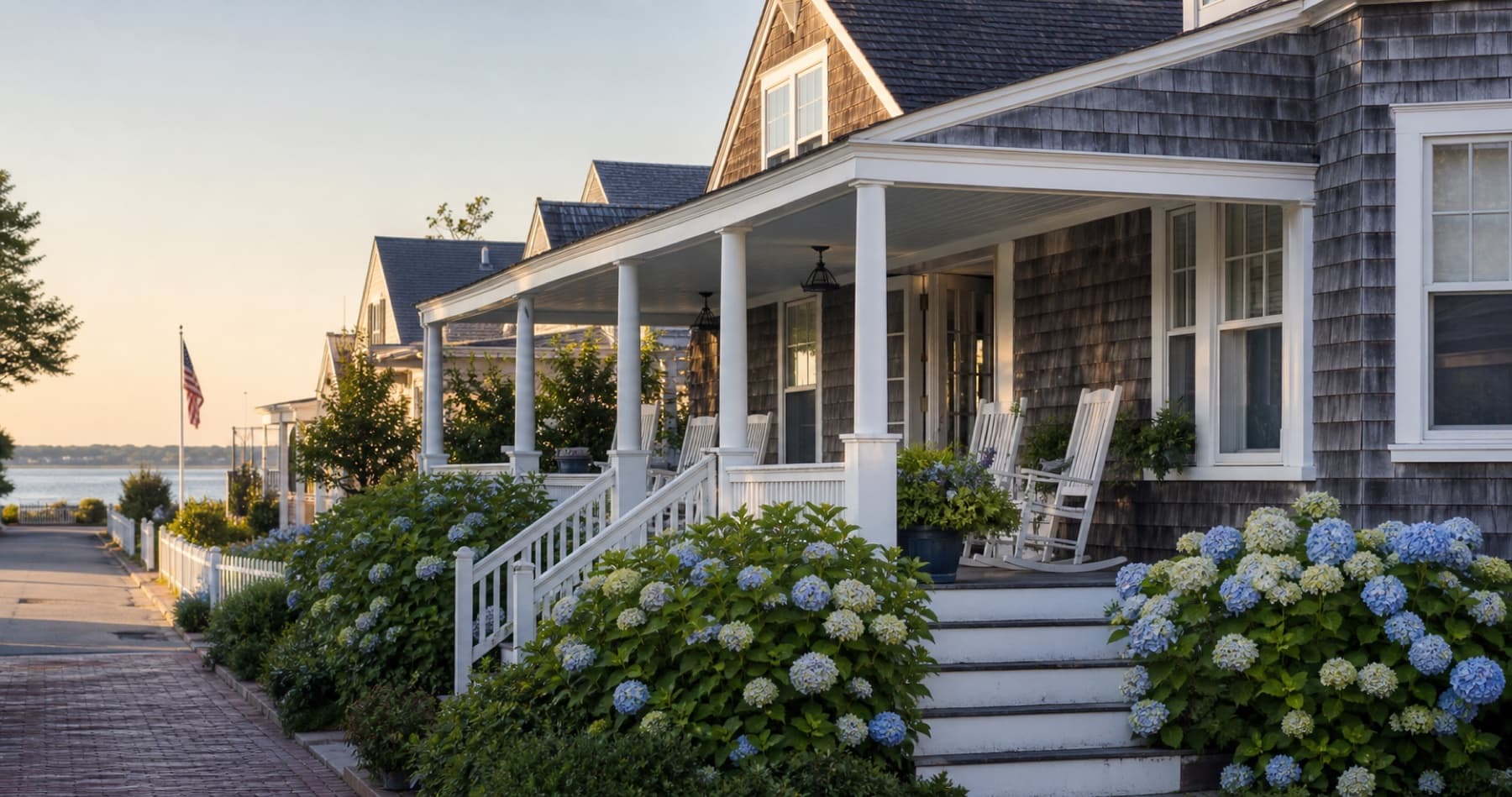 Delmarva-inspired coastal bed and breakfast with hydrangeas and a welcoming porch