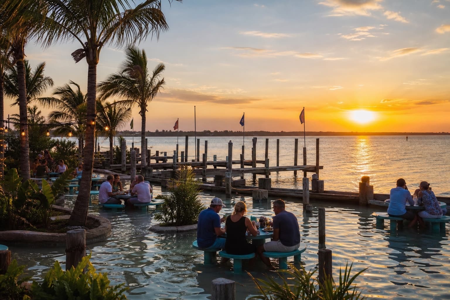 A golden-hour bayfront dining scene inspired by Seacrets in Ocean City