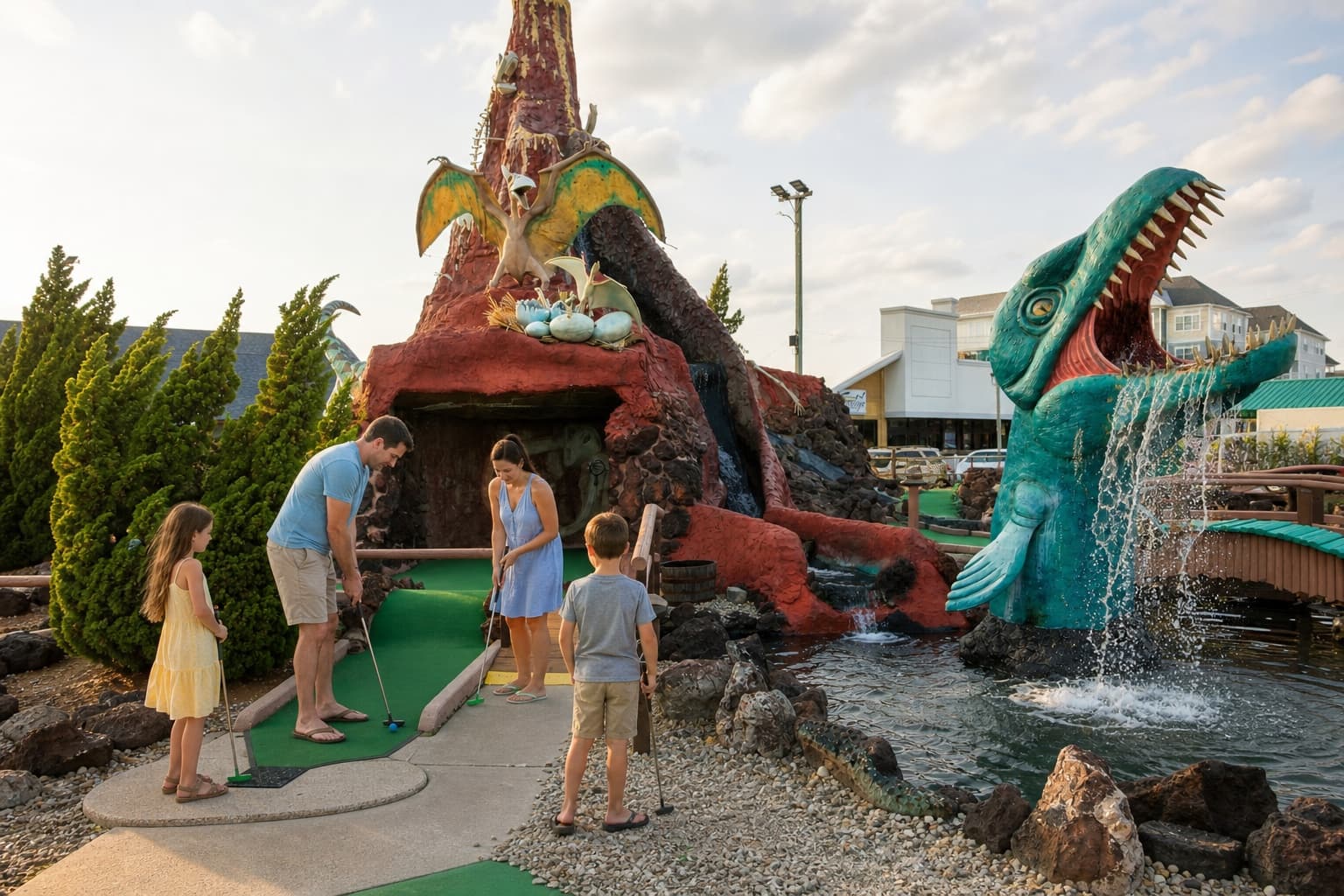 A family playing the Prehistoric Dinosaur course at Old Pro Golf on 68th Street