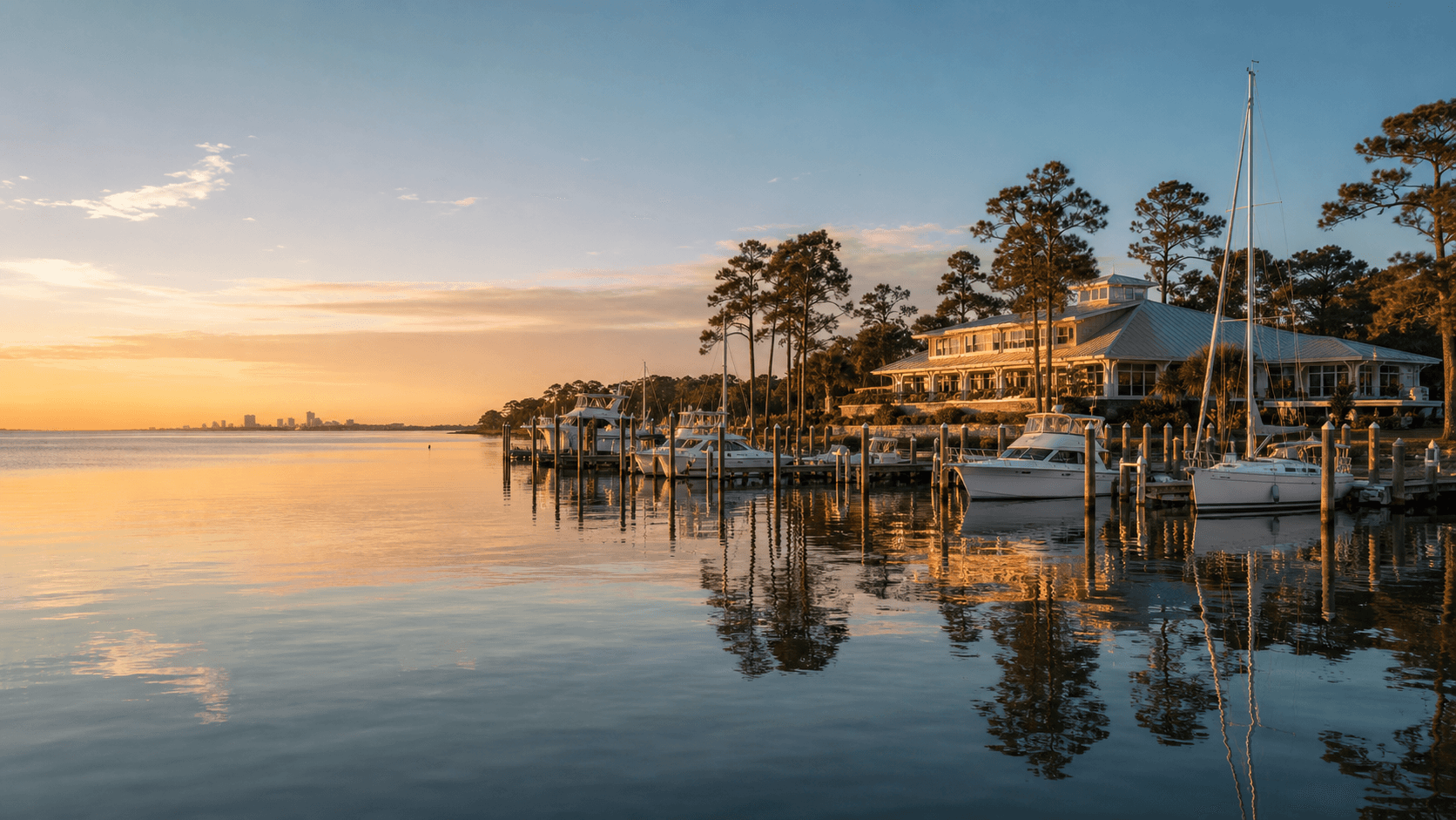Ocean Pines marina surrounded by trees and calm coastal water