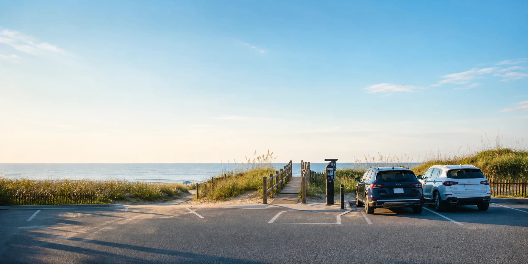 Beach parking spaces beside dunes and an ocean access walkway