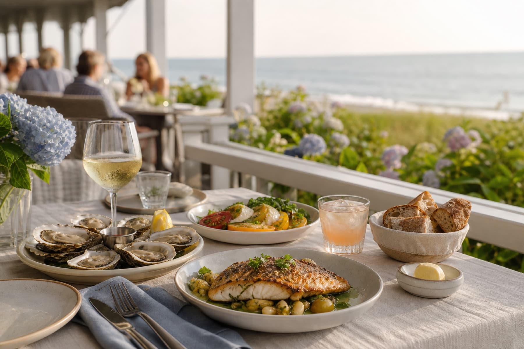 An elegant coastal table set with oysters, grilled fish and seasonal produce