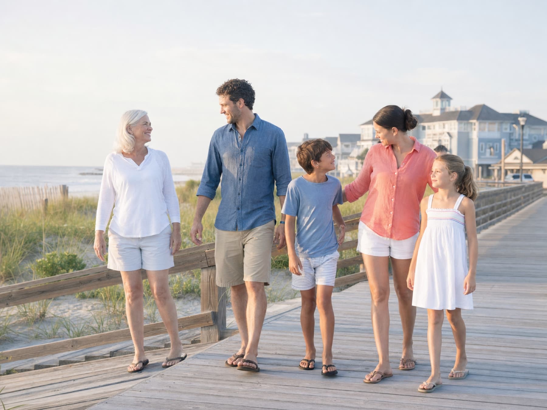 A multigenerational family beginning a relaxed morning beside the Rehoboth Beach dunes