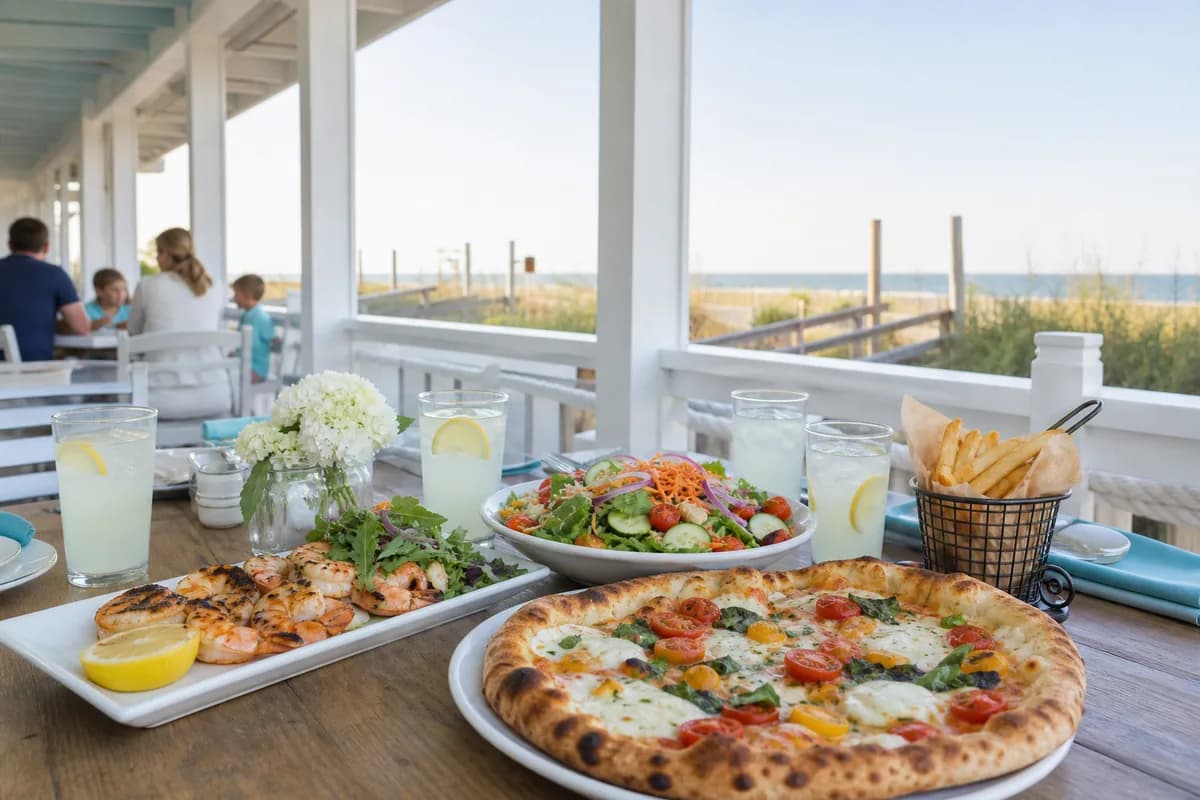 Pizza, grilled shrimp and salad on a family dining porch in Bethany Beach