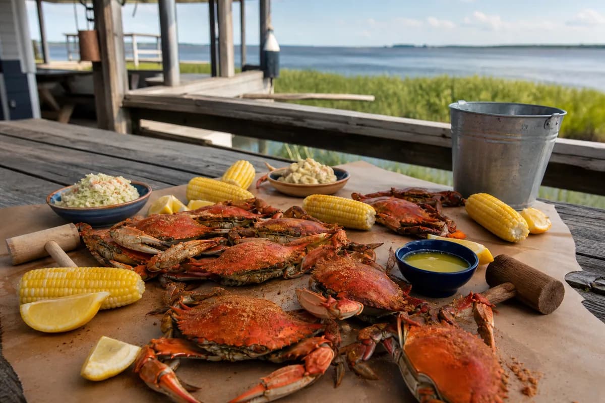 Steamed blue crab feast at a marsh-side restaurant in Fenwick Island