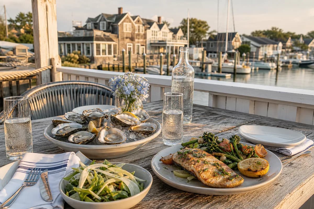 Oysters and grilled fish served at a harbor-side restaurant in Lewes
