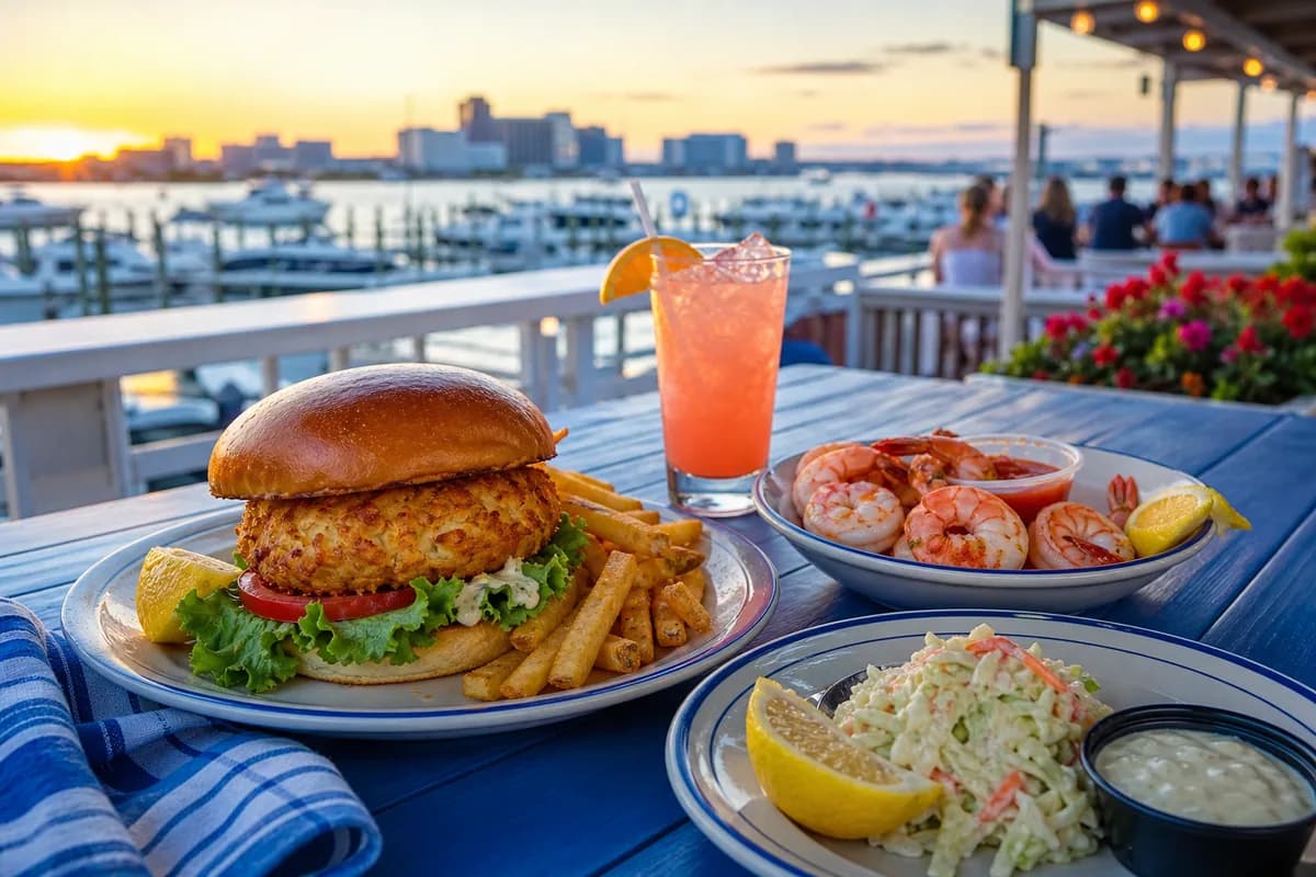Crab cake sandwich and steamed shrimp overlooking an Ocean City marina