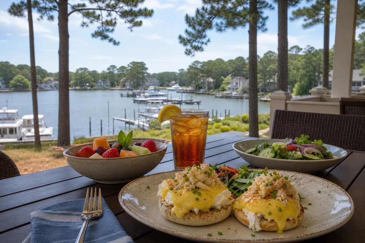 Crab eggs Benedict and fresh fruit overlooking an Ocean Pines marina