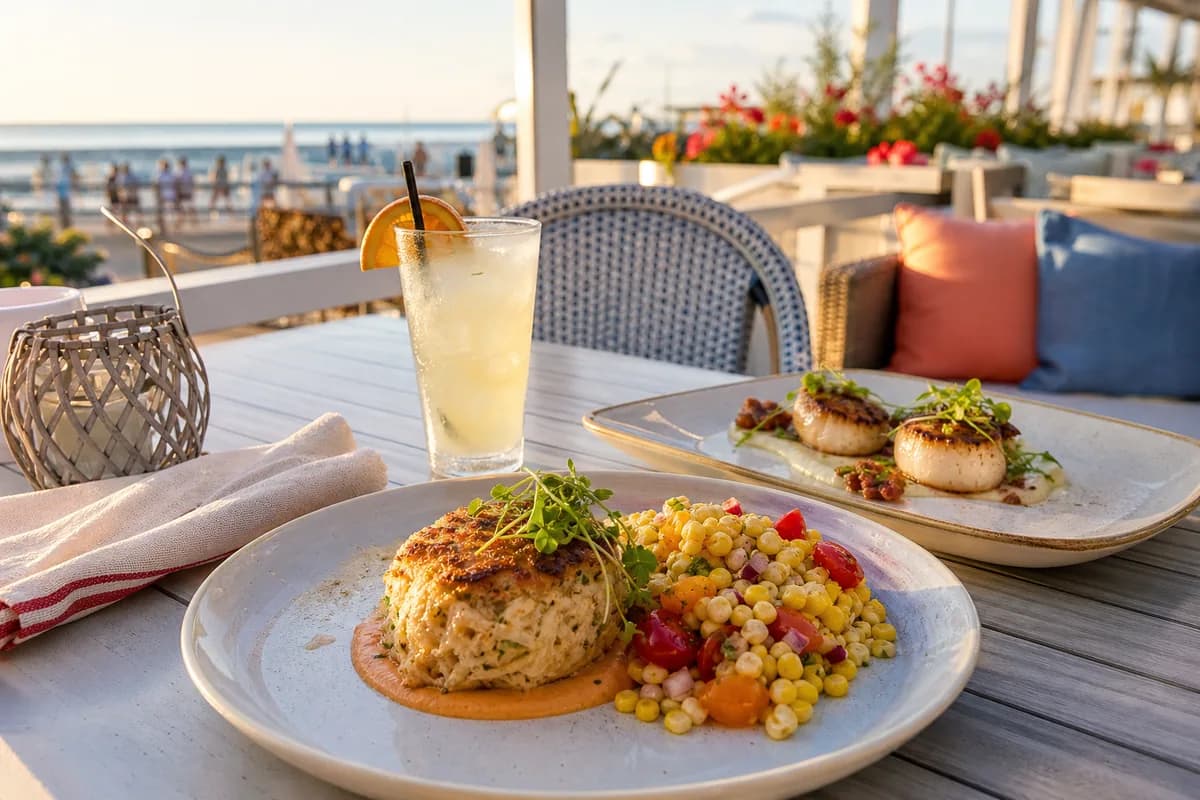 Crab cake and scallops served on an oceanfront patio in Rehoboth Beach