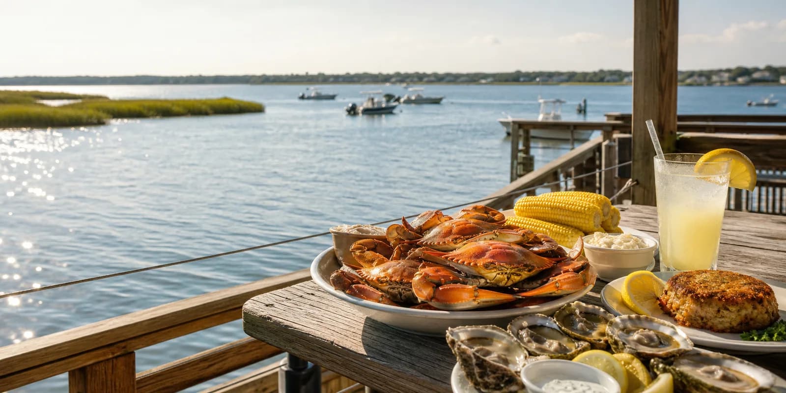 Local blue crabs, oysters and a crab cake served beside a Delmarva bay