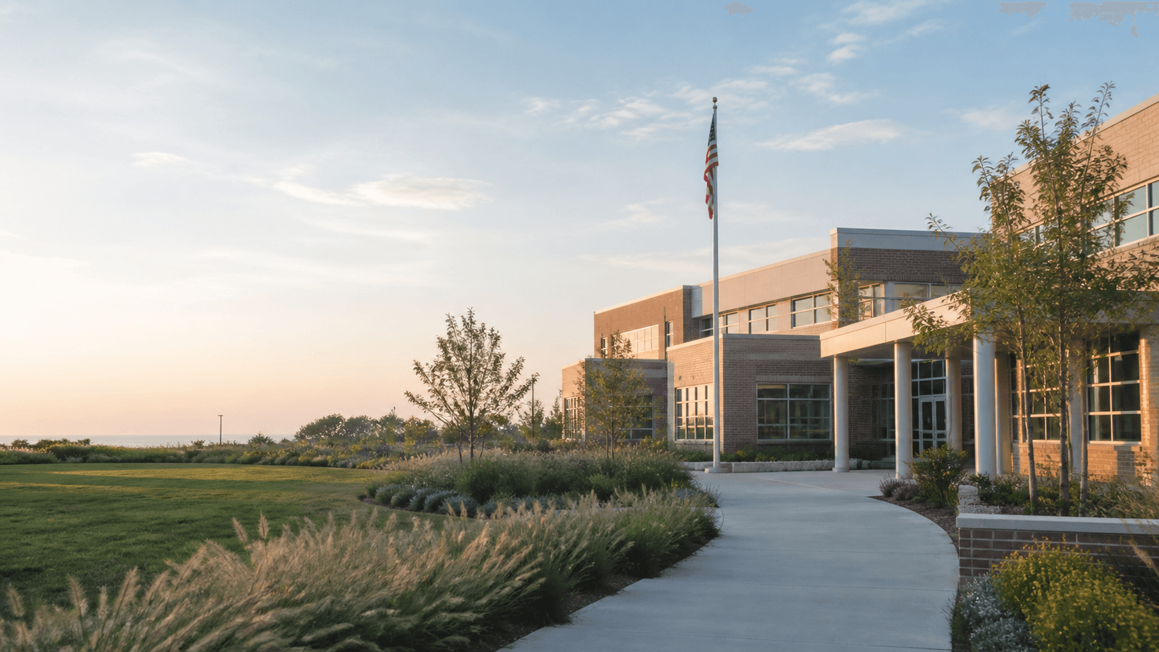 A welcoming coastal school campus in soft morning light