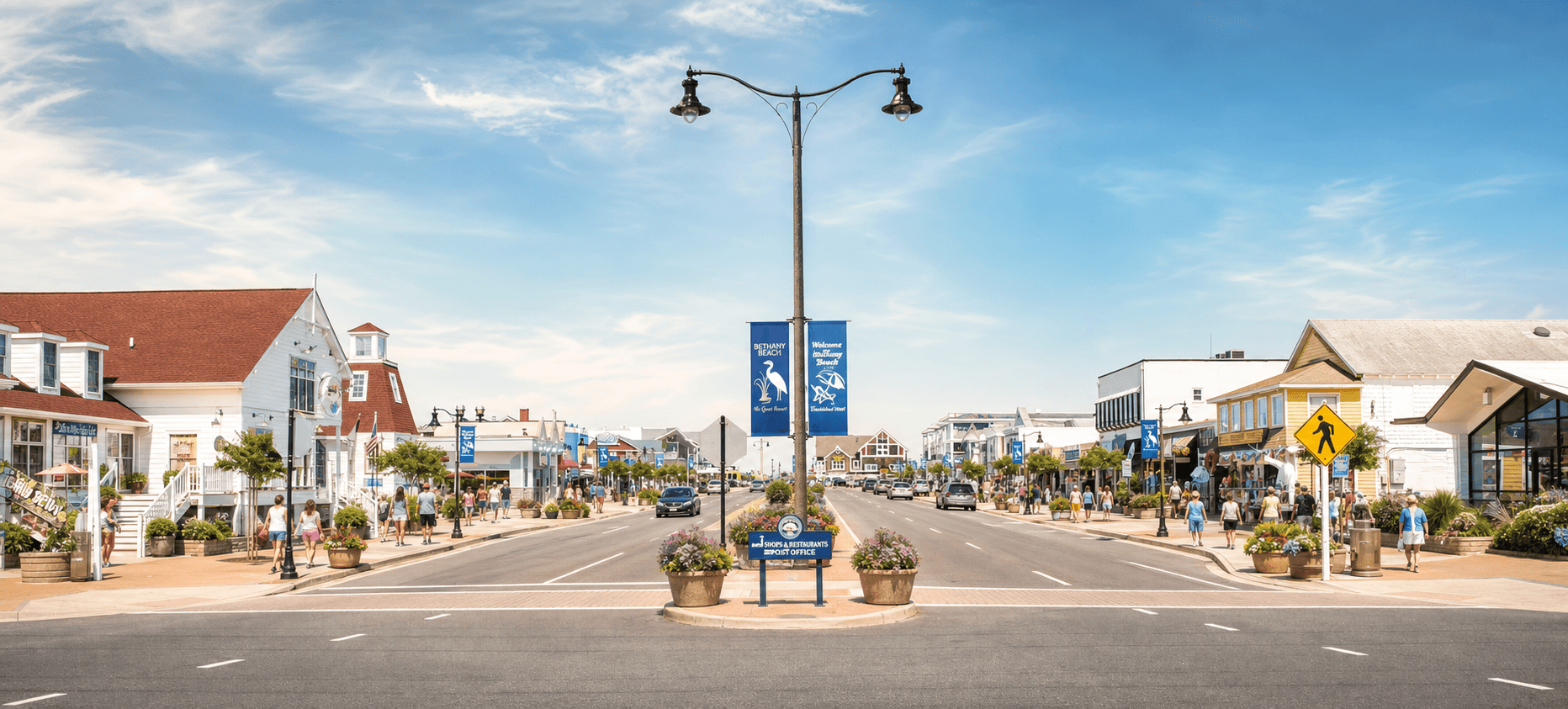 Dreamy wide view of Bethany Beach downtown storefronts and shopping along the main street in Delaware