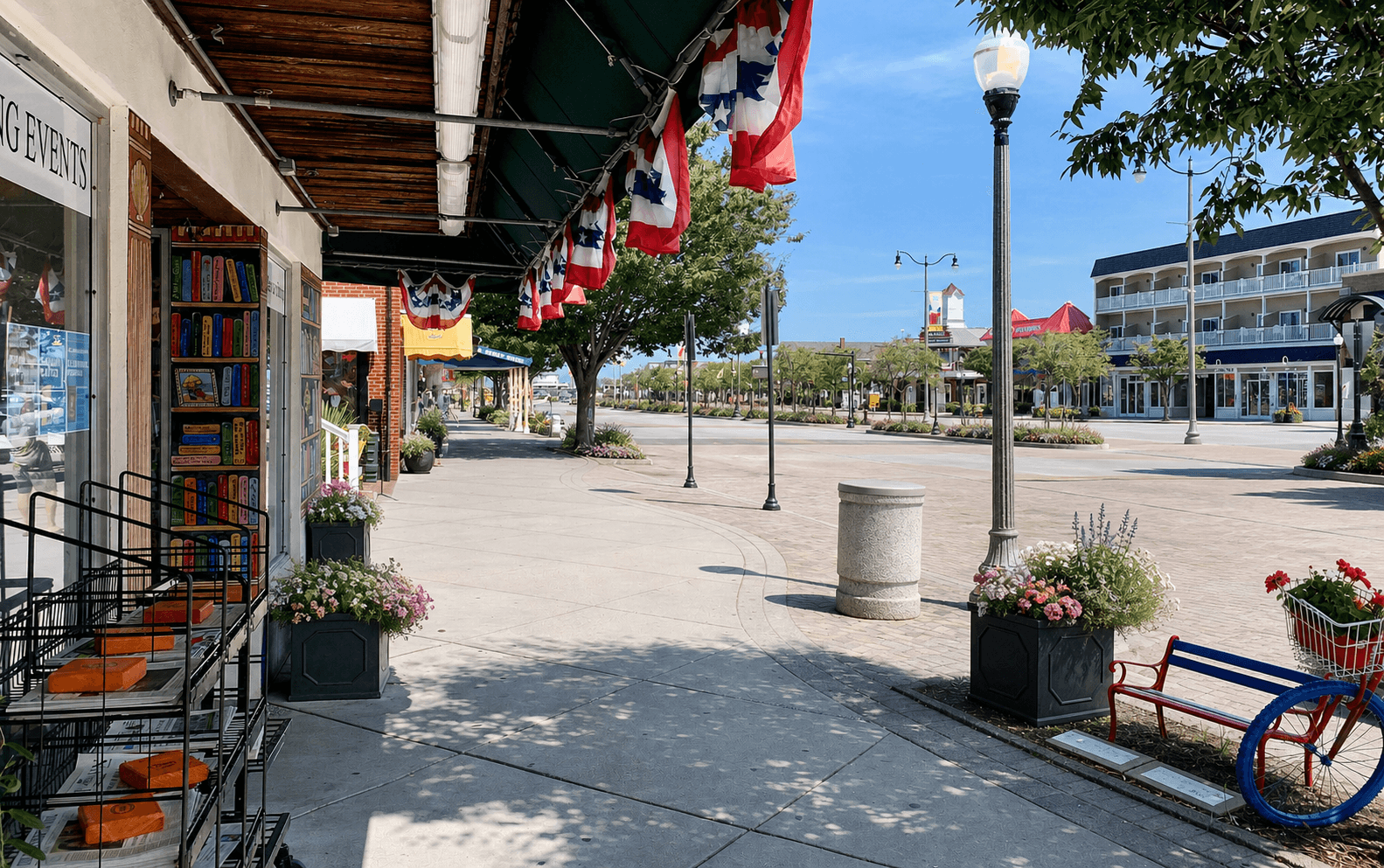 Flower-filled, car-free shopping streetscape with boutiques along Rehoboth Avenue in Rehoboth Beach, Delaware