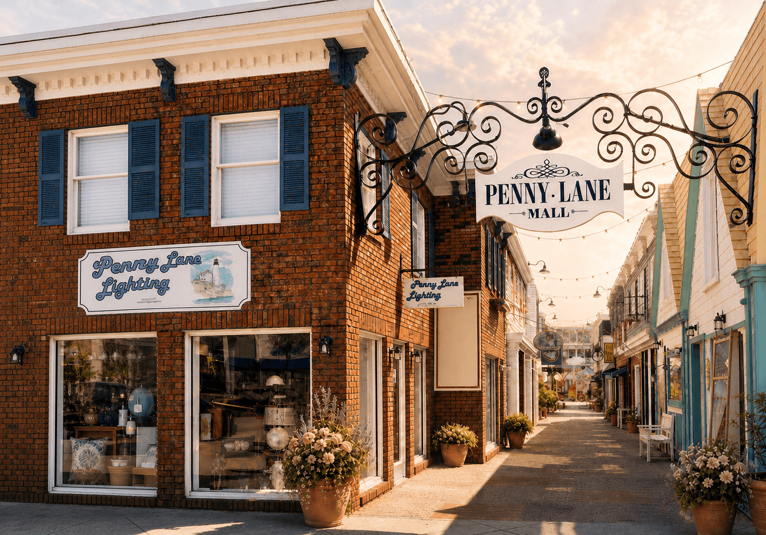 Dreamy Penny Lane Mall shopping lane with red-brick storefronts, pastel details, and flower planters in Rehoboth Beach, Delaware