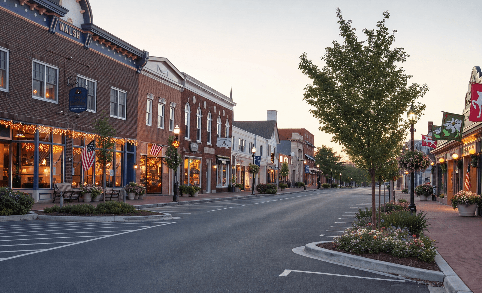 Car-free historic downtown Lewes shopping street with red-brick storefronts, green trees, and flower planters