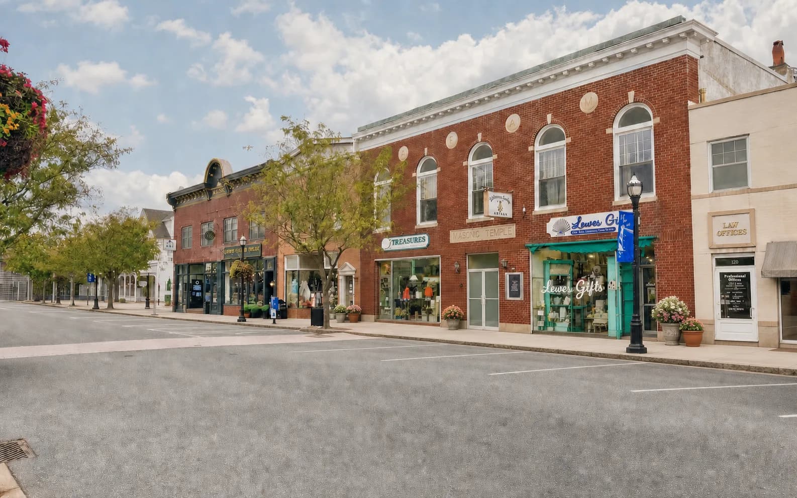 Historic storefronts and flower planters along Second Street in downtown Lewes, Delaware
