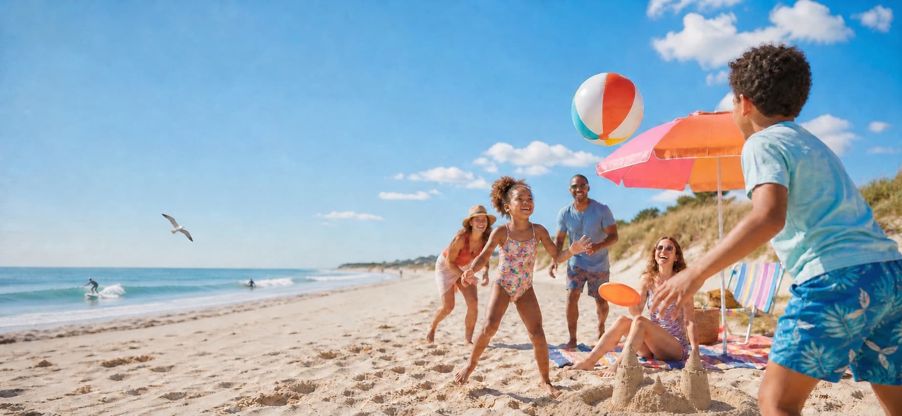 Family and friends playing with a beach ball on a sunny Delmarva beach
