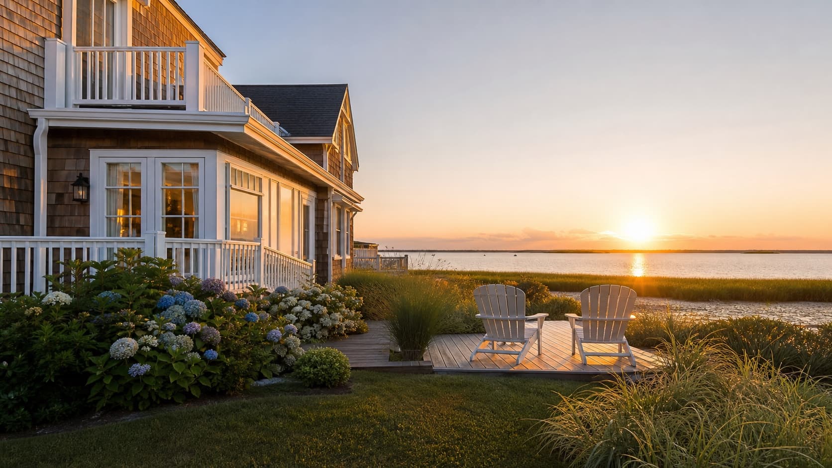Waterfront rental home and two chairs facing sunset in Chincoteague