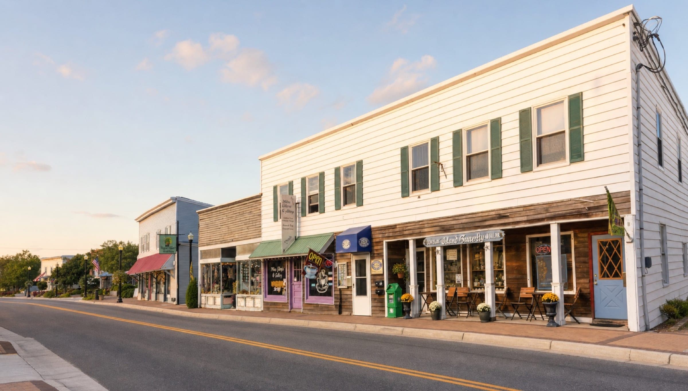 Warm late-afternoon view of shops along Main Street in Chincoteague