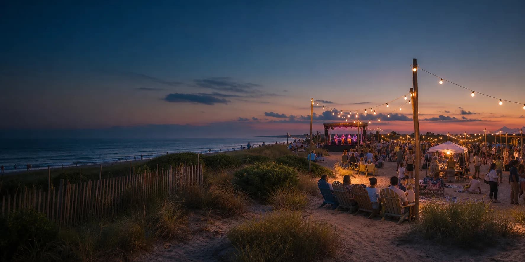 A coastal community gathering with live music beside the beach at sunset
