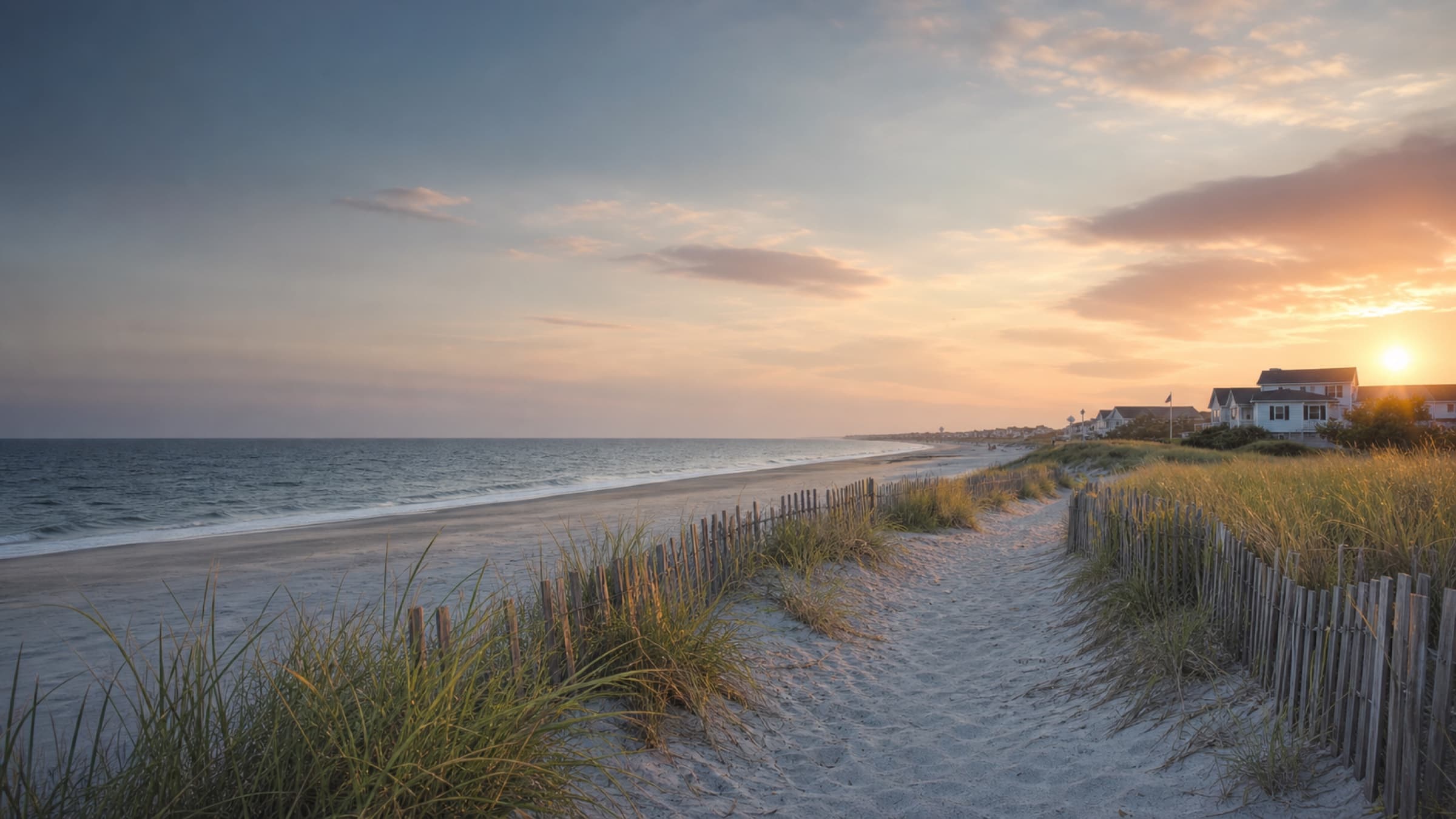 Fenwick Island beach homes, dunes, and shoreline at sunset