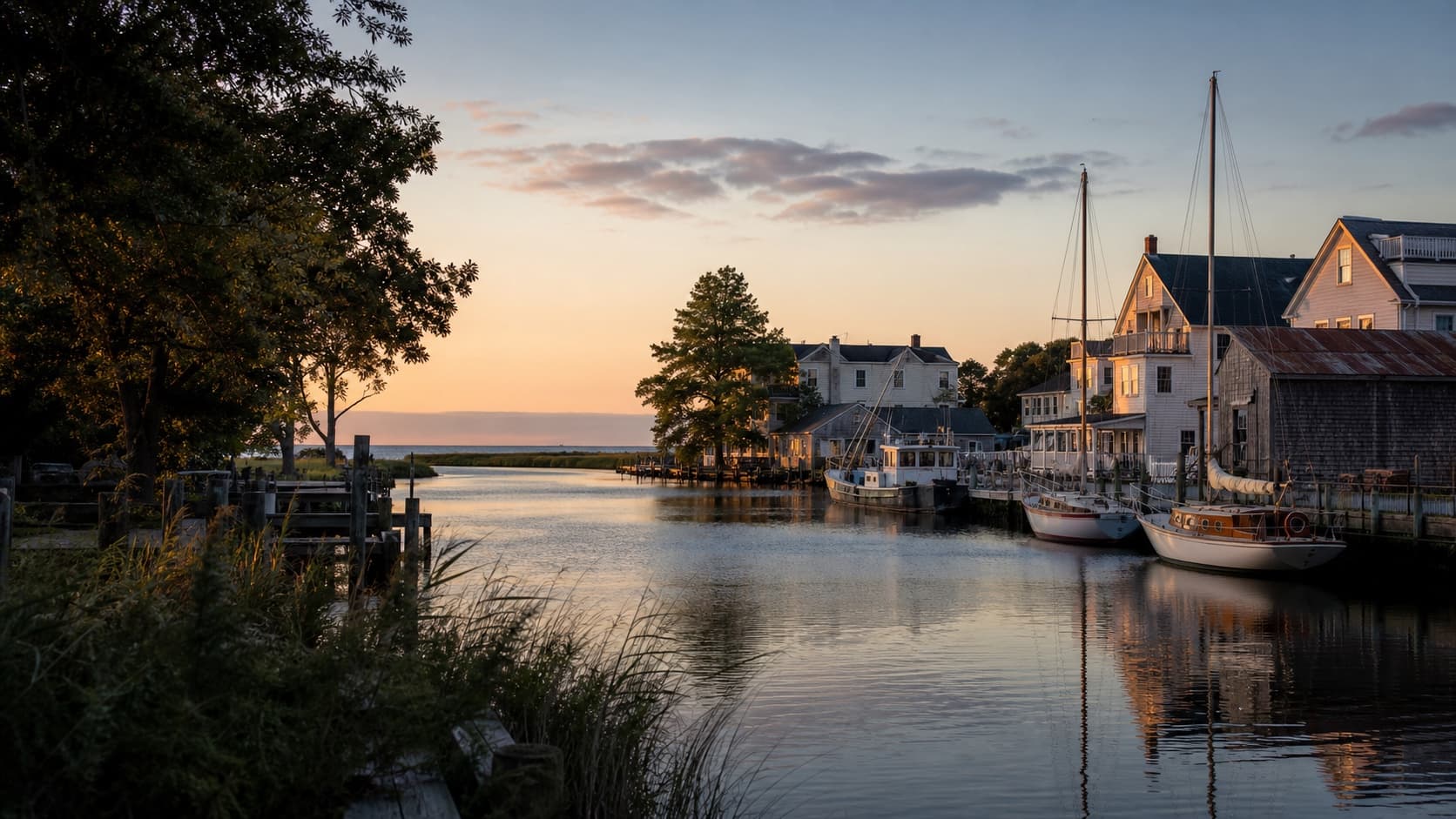 A serene Lewes canalfront harbor with sailboats and historic coastal homes at sunset
