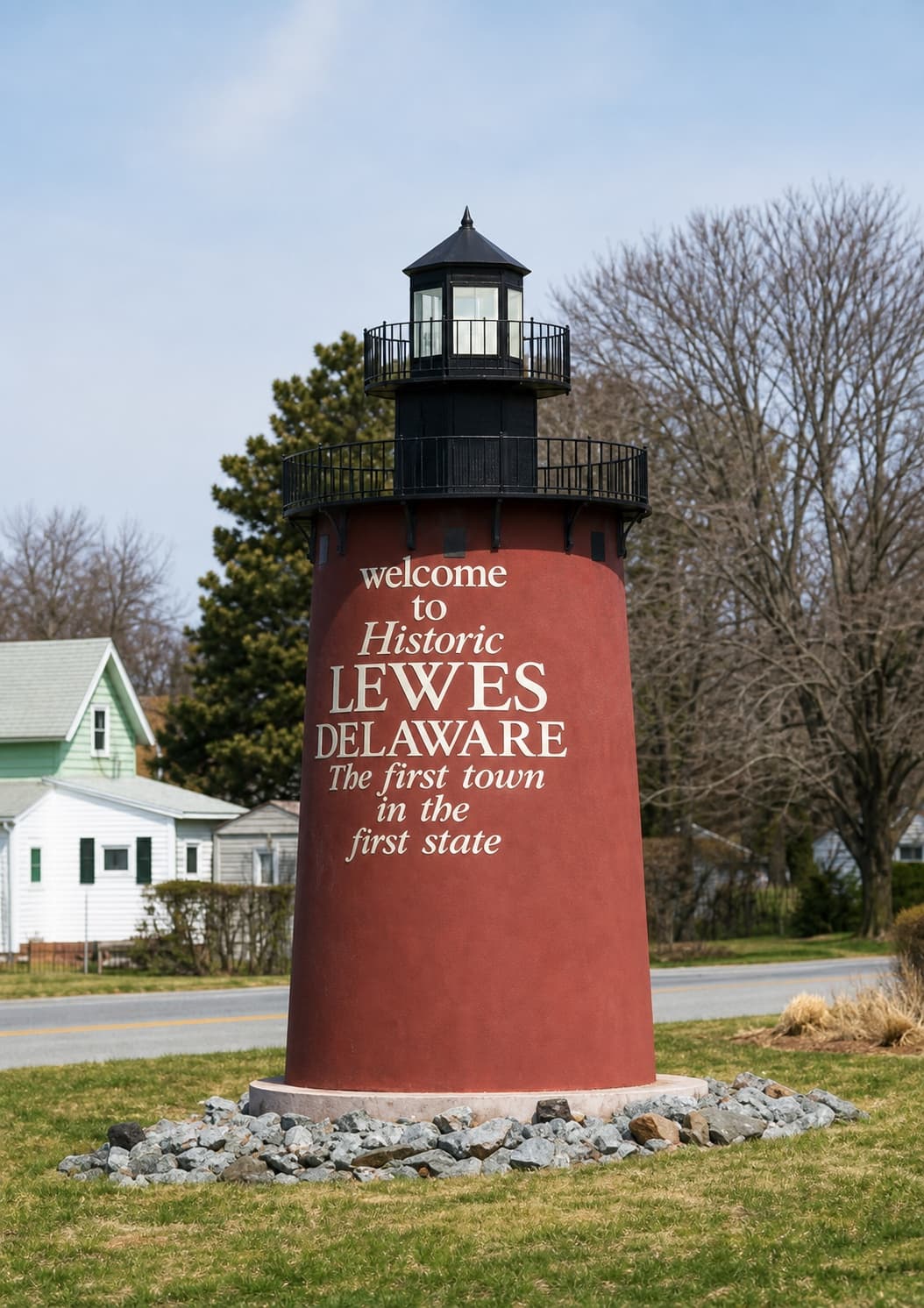 Restored view of the red Welcome to Historic Lewes lighthouse landmark