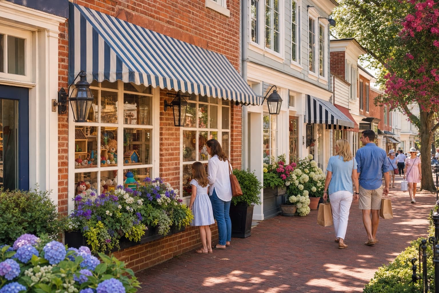 Shoppers exploring a flower-filled lane of independent coastal boutiques